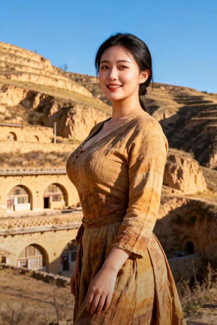 她站在黄土高坡上，笑容甜美。