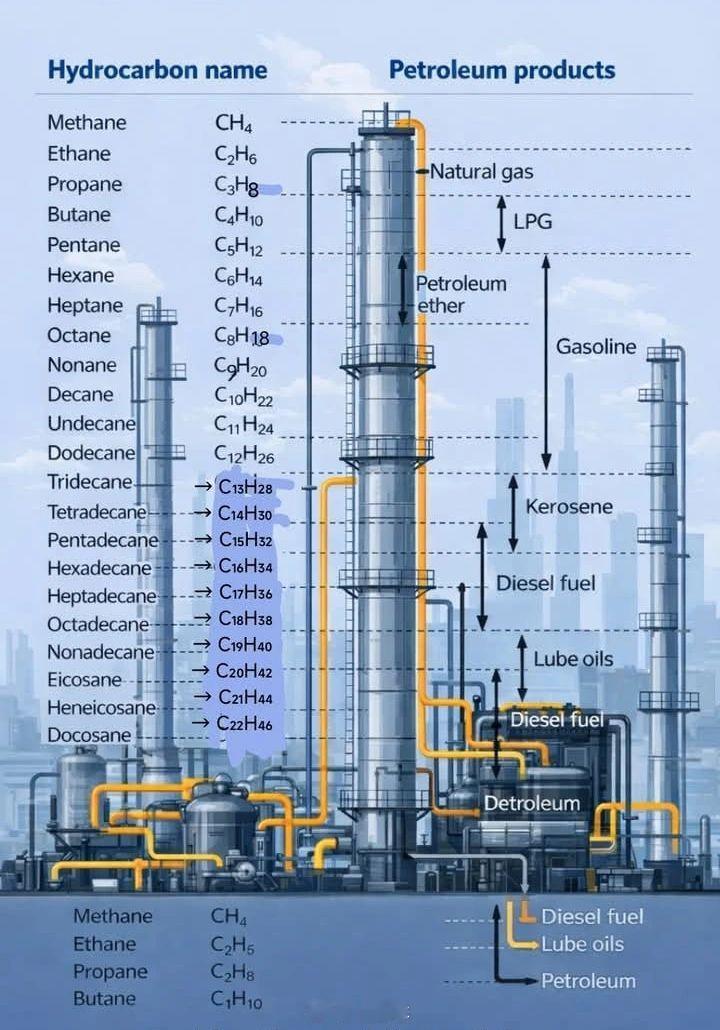 这就是每一桶酒背后的化学原理。原油是碳氢化合物的混合物，从轻质甲烷（CH