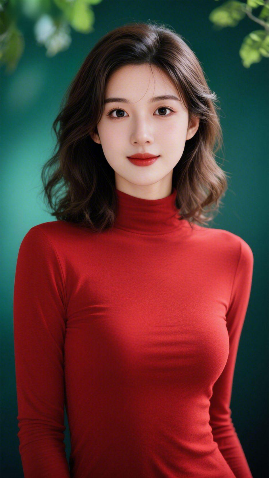 《红衫的轻暖日常》正红高领衫裹着软润肌理，似揉开的暖色调轻贴肩颈，衬着墨绿