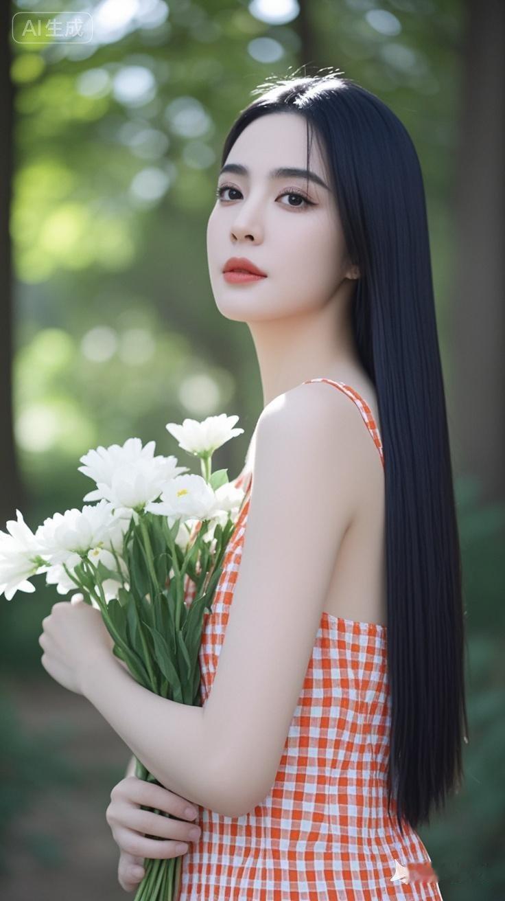 夏日清新少女，手捧白色花束，在绿意盎然的森林中漫步。