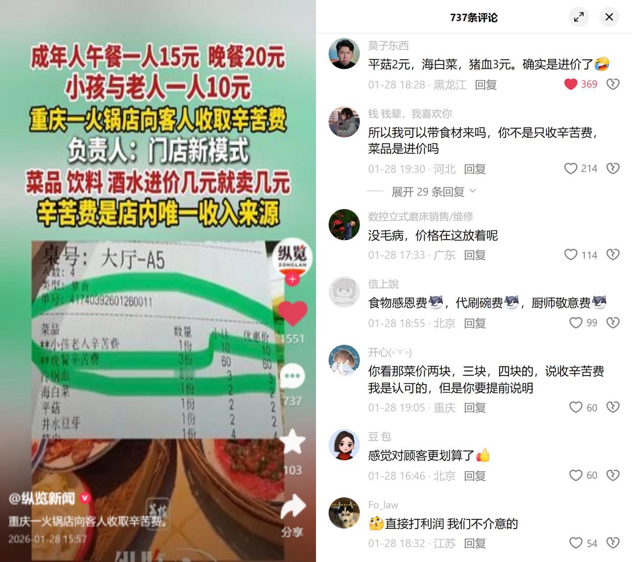 收辛苦费的火锅店栽了。重庆一家火锅店搞起进价卖菜+人头辛苦费模式：成人晚