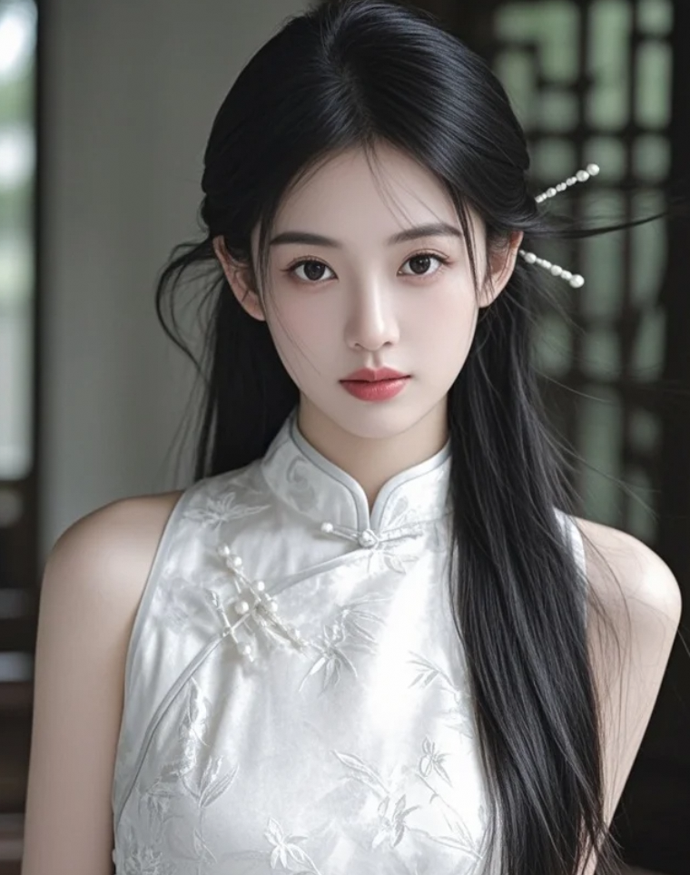 改良旗袍遇上古典妆容，她是现代与传统的完美融合。