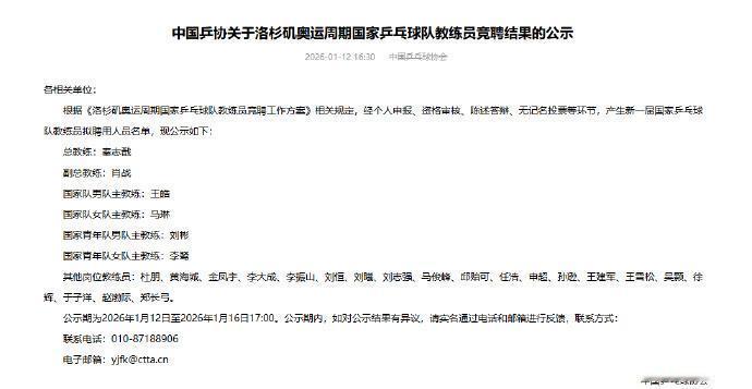 中国乒协公示洛杉矶奥运周期教练组名单，其中，16人为巴黎奥运周期国乒教练组人员，