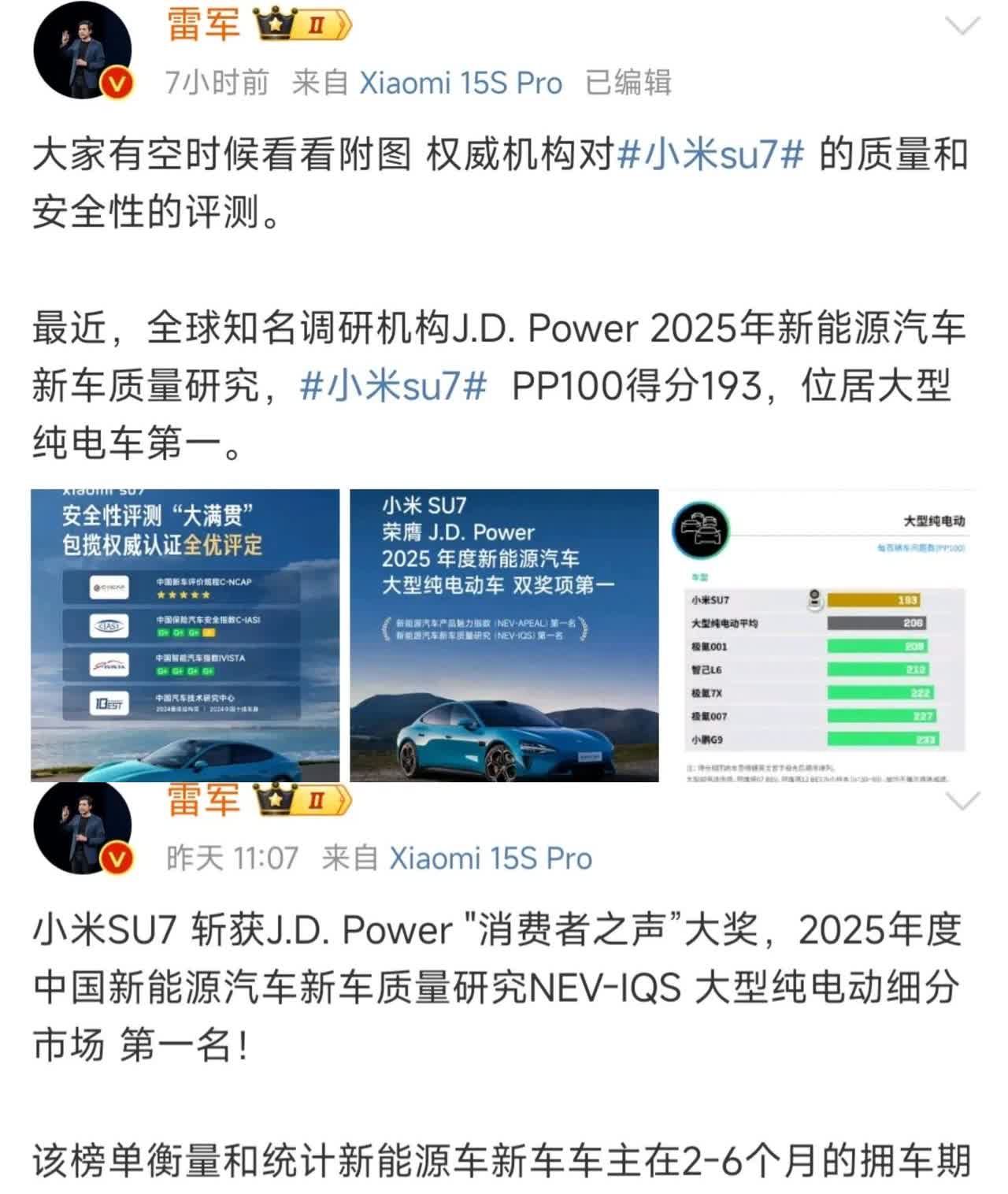 雷军这是不服气啊！雷军已经连续两天发了一家国际权威机构对新能源汽车的测评