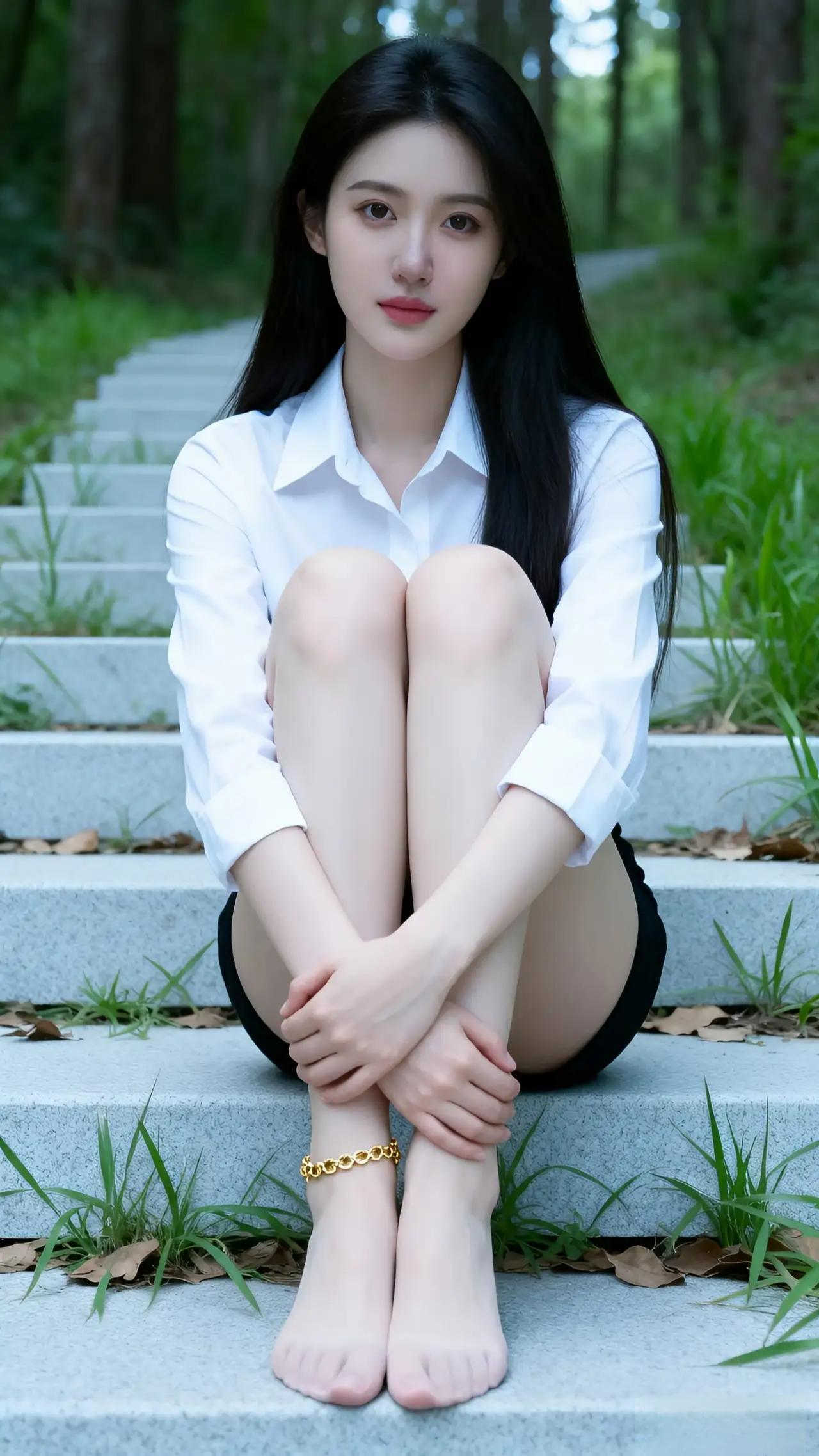 森林中的静谧时光，白衬衫黑短裙，自然光下更显清新。