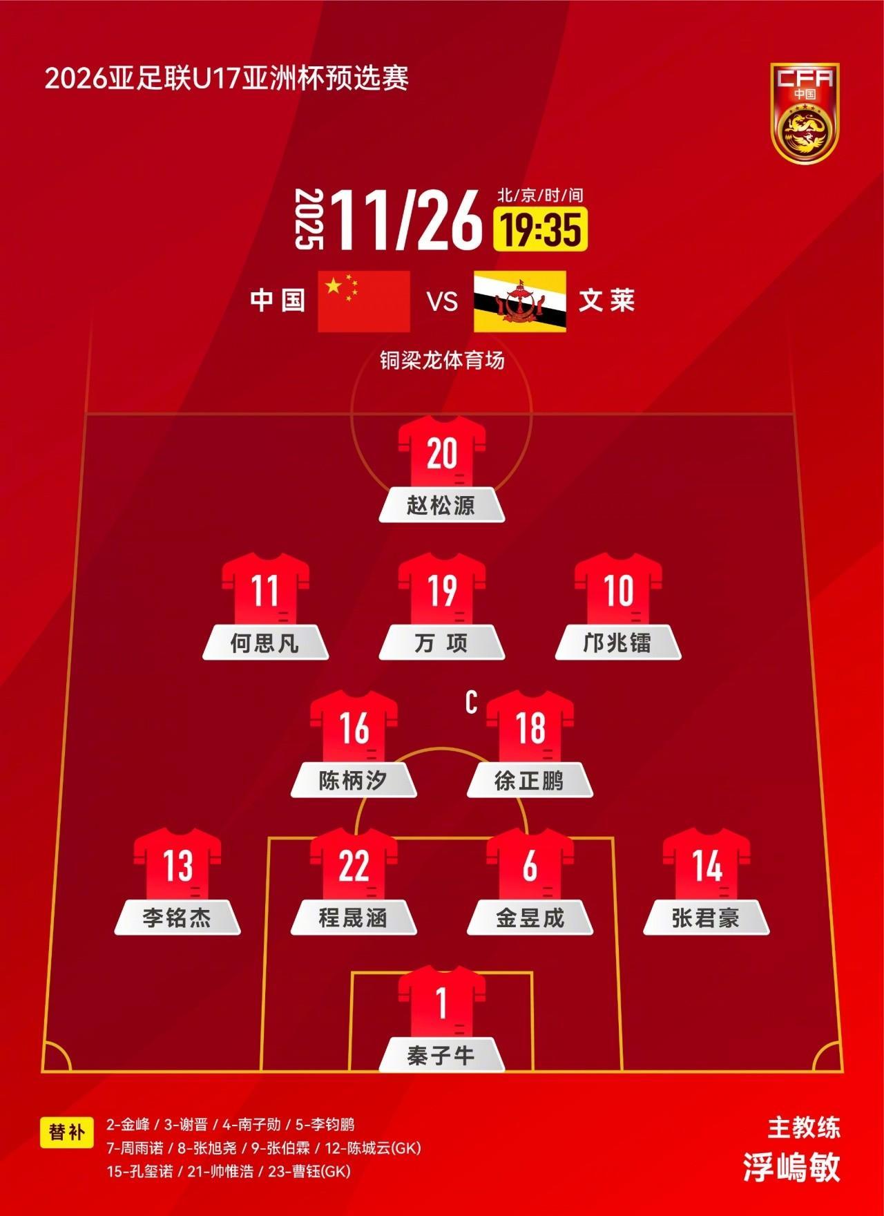 赵松源、邝兆镭、万项先发！亚少赛预选赛第三轮，中国U17国少队对阵文莱国少队的比