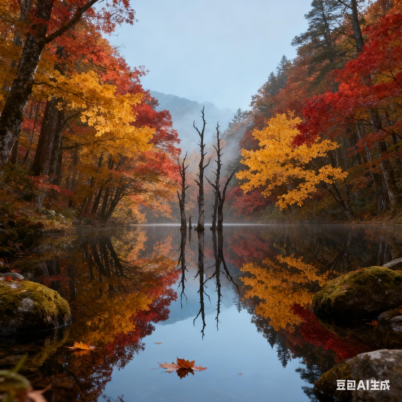 秋意浓，枫叶红，静谧湖畔，美不胜收。