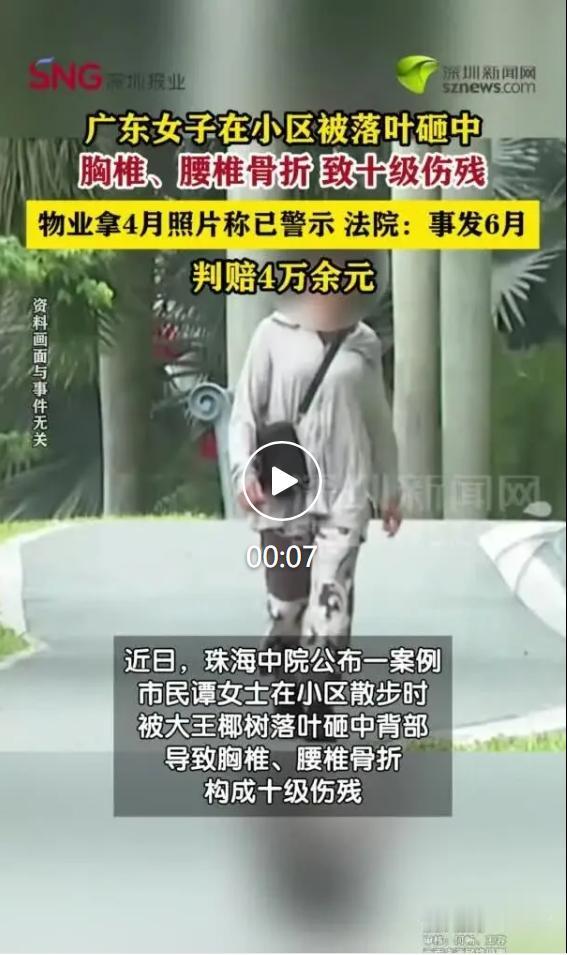 很多人都觉得路边落叶轻飘飘，就算掉下来也造不成什么伤害，广东珠海谭女士的遭遇却给
