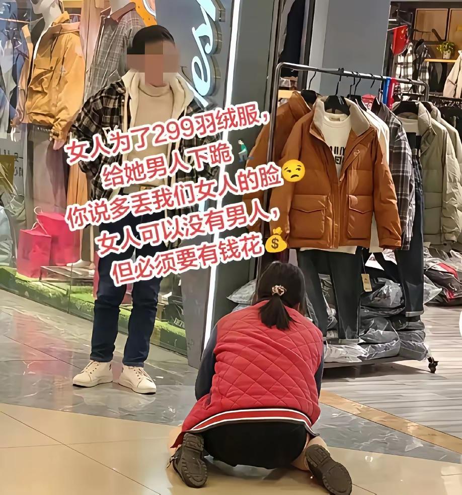 女子没有一点尊严一个妻子和丈夫一起逛商场，妻子看中一件羽绒服，价格为299元