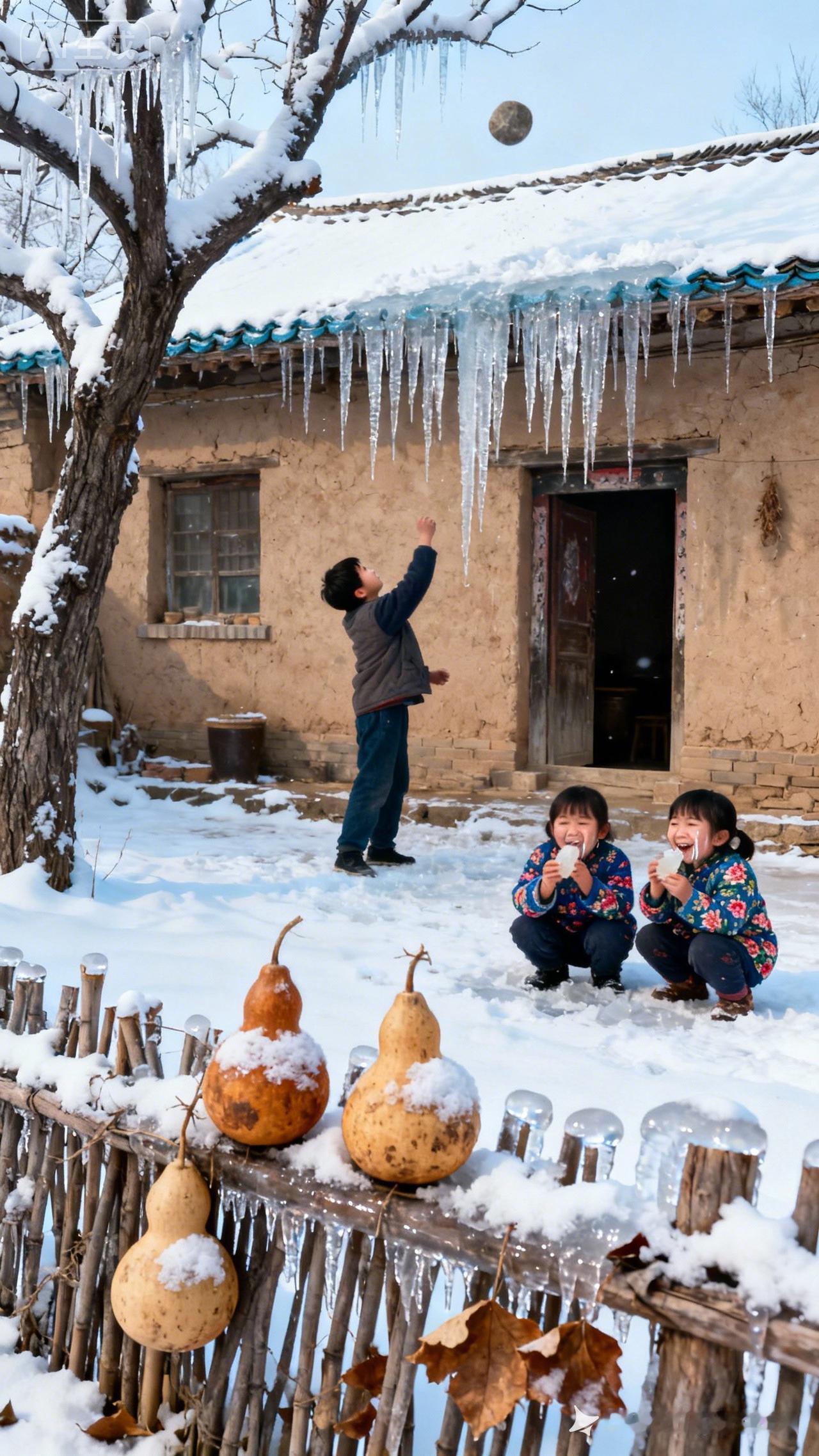 冬日暖阳下，孩子们在雪地里玩耍，童真无邪。