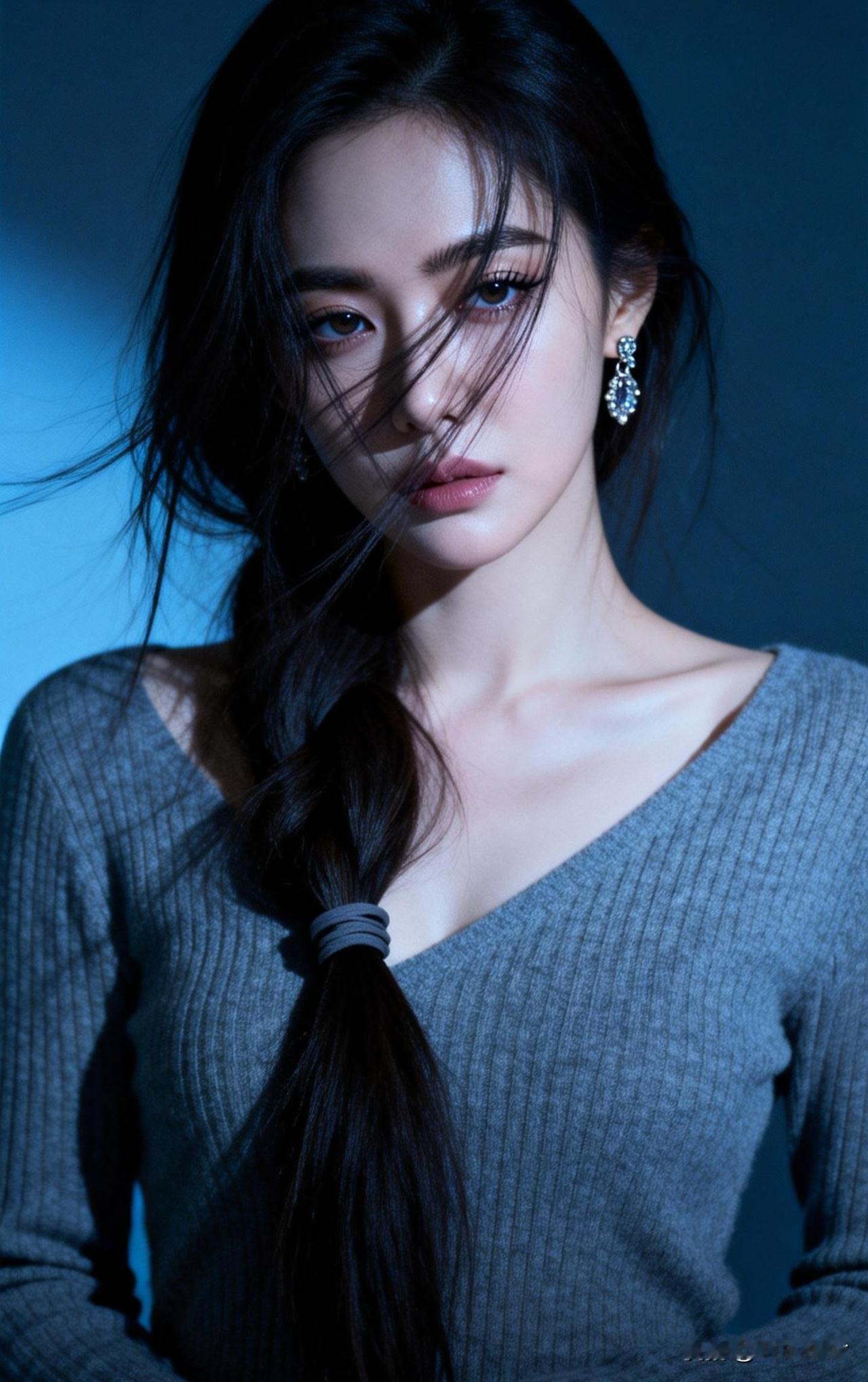 冷艳的蓝调光影，优雅的黑发美人，尽显时尚魅力。