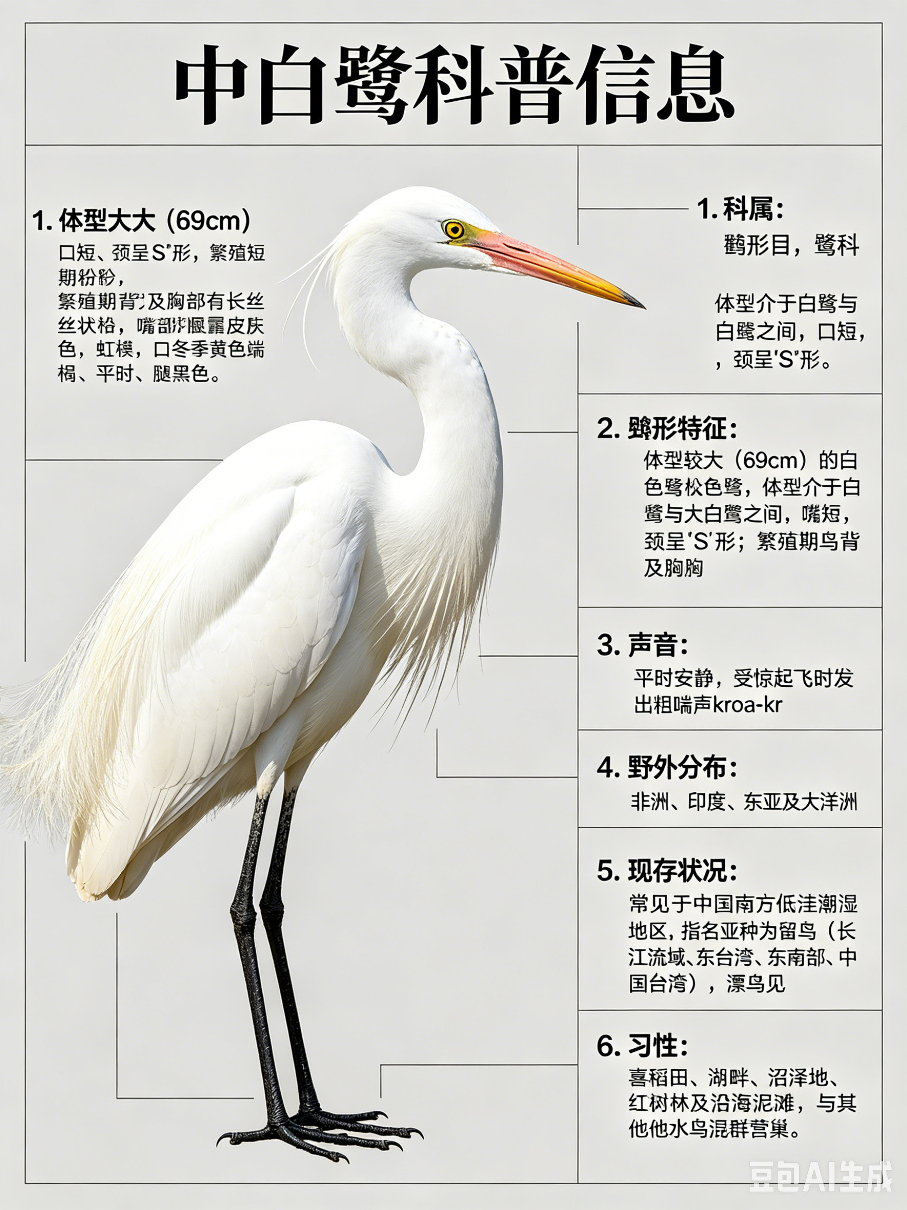 鸟类朋友图鉴中白鹭·科属：鹳形目，鹭科。·外形特征：体型较大（69cm）的白色