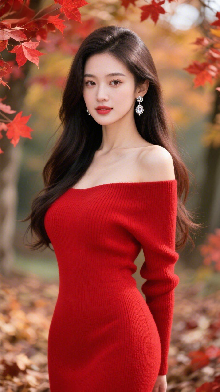 红裙映枫染秋光秋日的枫林里，红叶如霞铺满天地，风掠过枝头，卷着细碎的叶影簌