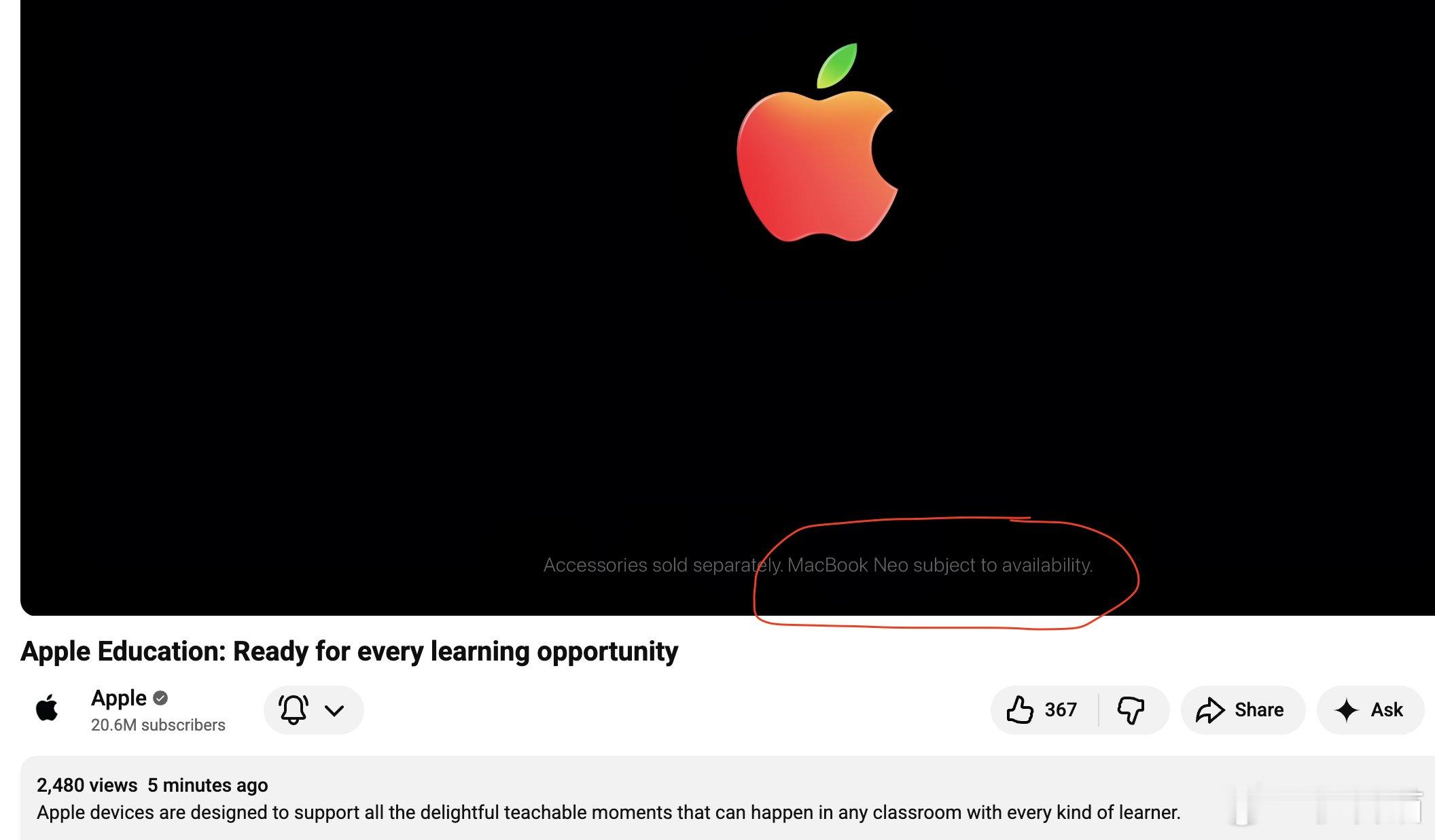 MacBookNeo缺货的事情应该是被实锤了苹果刚刚在YouTube上发布