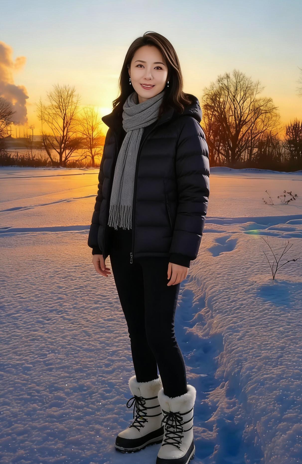 黄昏把天空染成橘色，雪野泛着温柔的光你抬手比出的弧度，撞碎了冬日的苍茫雪地留