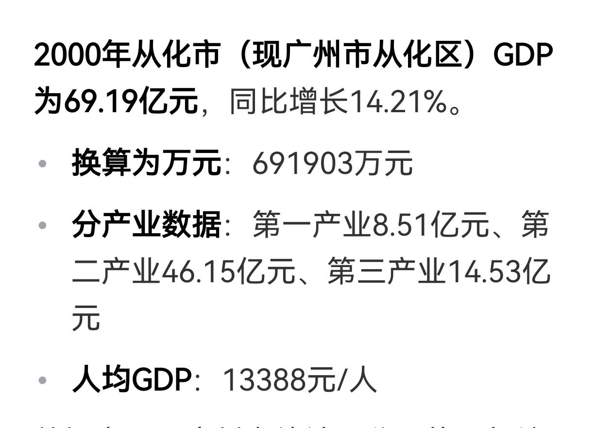 广州从化，跟着广州大哥，几乎都放弃生长了。你看看从化2000年的GDP69亿多