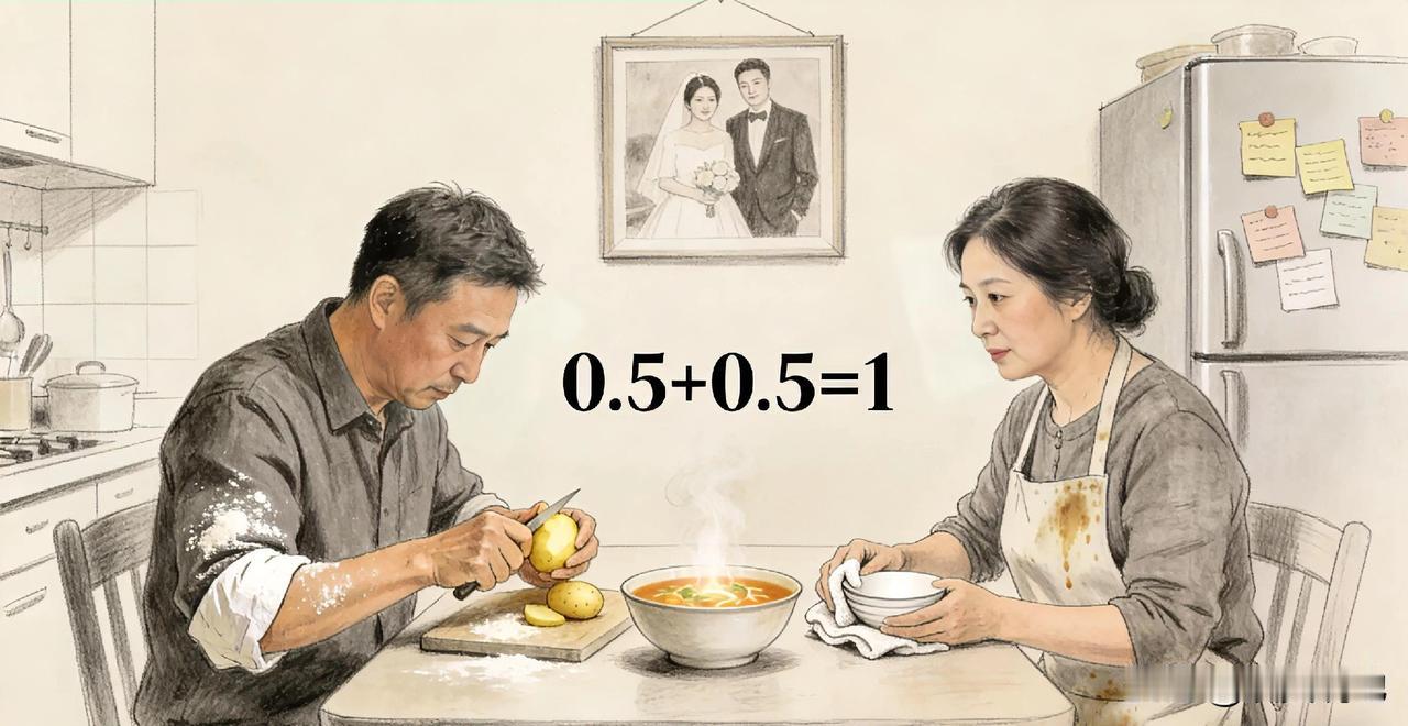 老辈人常说：“婚姻不是1+1=2，而是0.5+0.5=1”这话听着简单，却