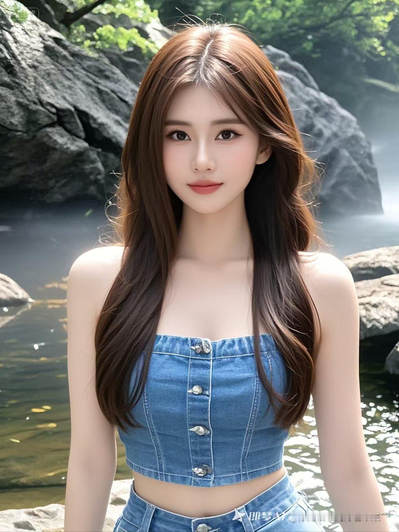 妹子穿牛仔小吊带站水边美翻，让我想起白鹿和秦岚的绝美造型。白鹿海边出游，上身穿