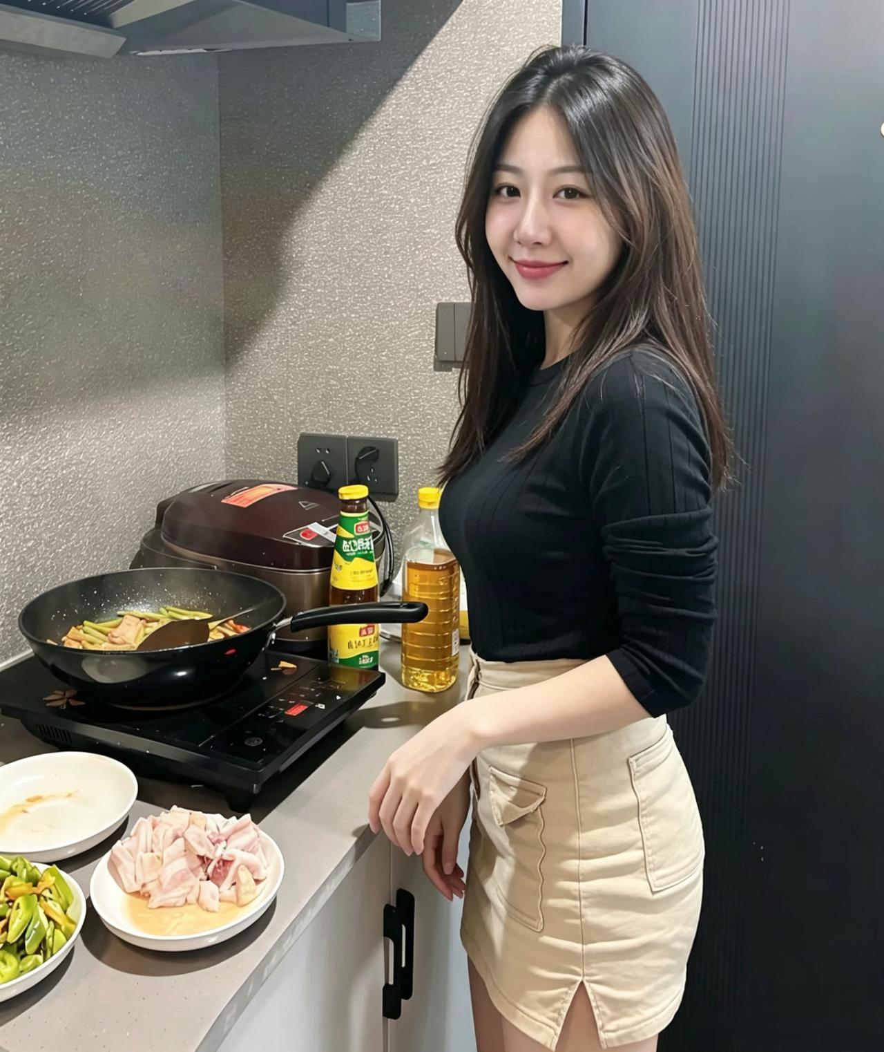 纤手调烟火，嫣然笑靥温。眉弯含浅韵，温婉动晨昏。烟火人间气，清姿不染尘。