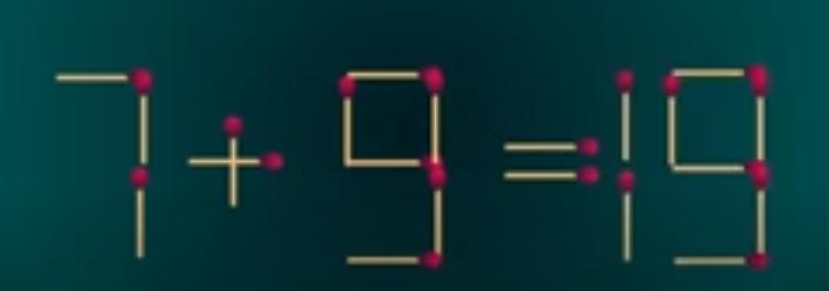 ！眼前这道用火柴棒摆成的“7+9=19”，一眼就能看出等式不成立。不过