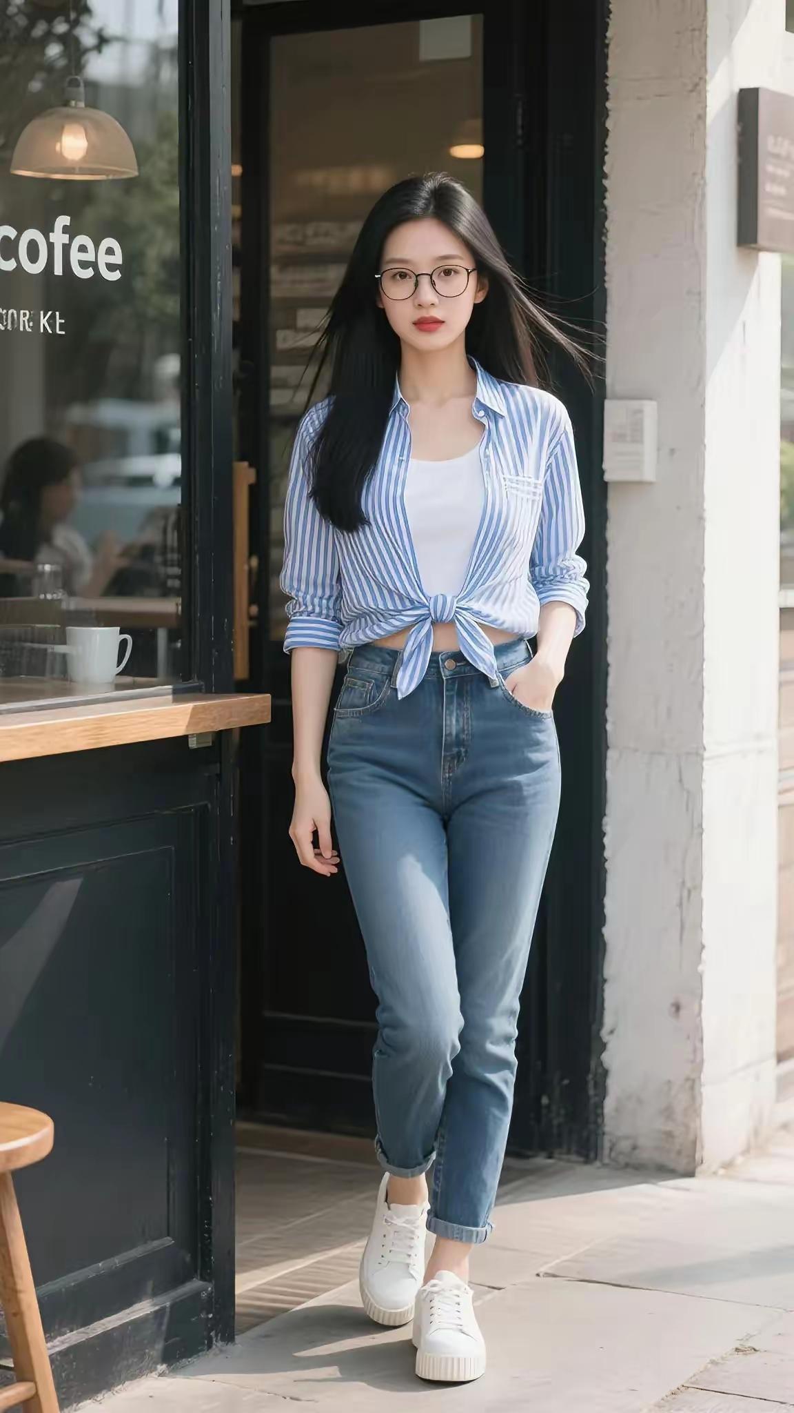 都市女孩穿搭指南：条纹衬衫+牛仔裤，简约时尚，轻松出街！👗👖👟