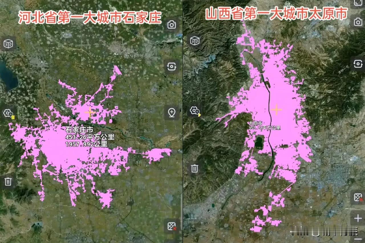 河北省会石家庄和山西省会太原建成区面积对比，差距明显。根据实测数据，石家庄建成