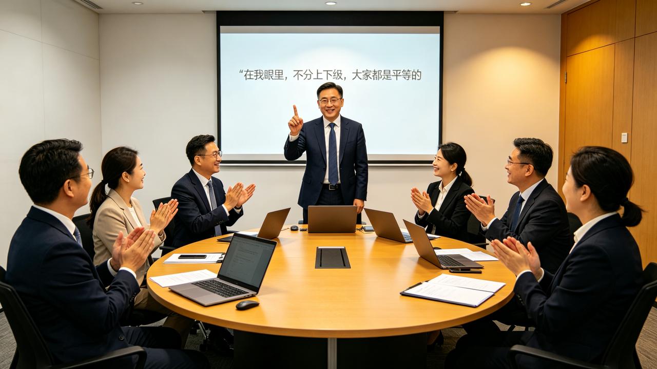 新来的总监开会时说：“在我眼里，不分上下级，大家都是平等的。”大家鼓掌。接着