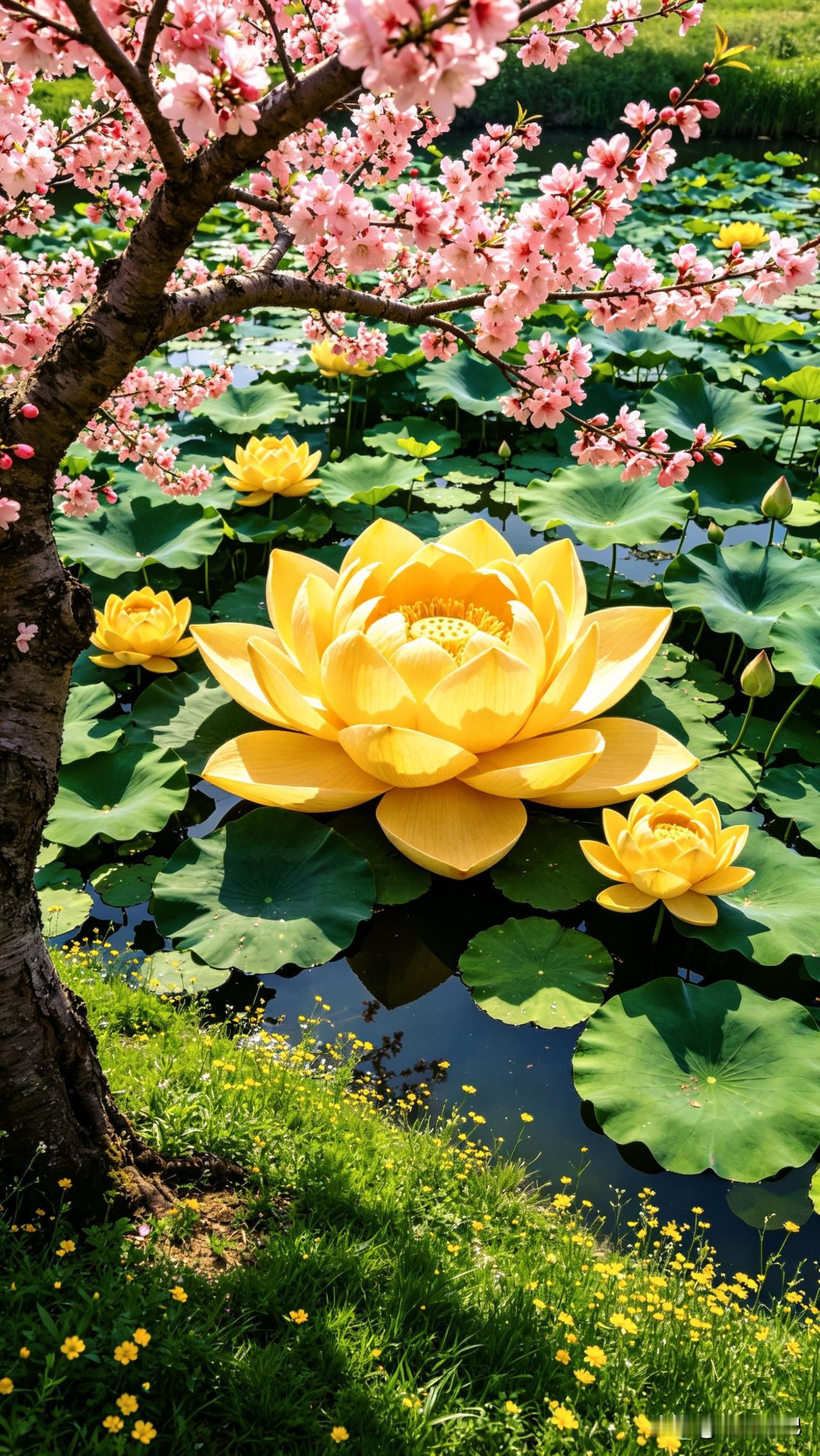 这是一组，充满诗意与生命力的画卷，粉樱与金莲同框，现实与梦幻交织。樱花如云，垂落