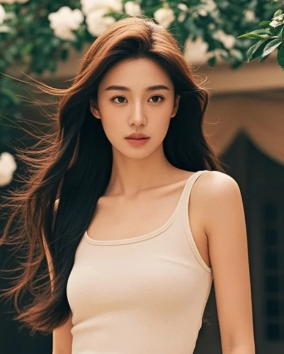 院子里绿意盎然，而她，是这幅画面里最温柔的一笔