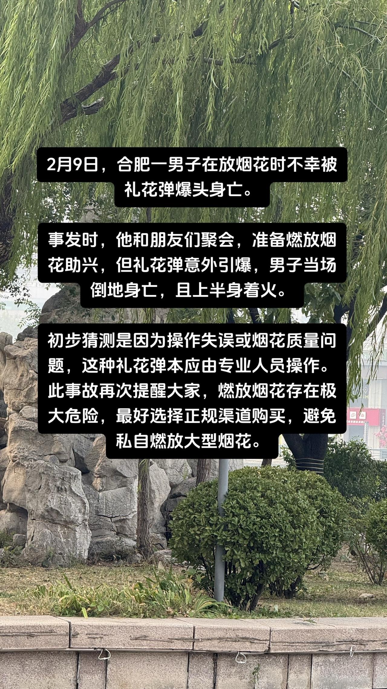 2月9日，合肥一男子在放烟花时不幸被礼花弹爆头身亡。事发时，他和朋友们聚会，准备