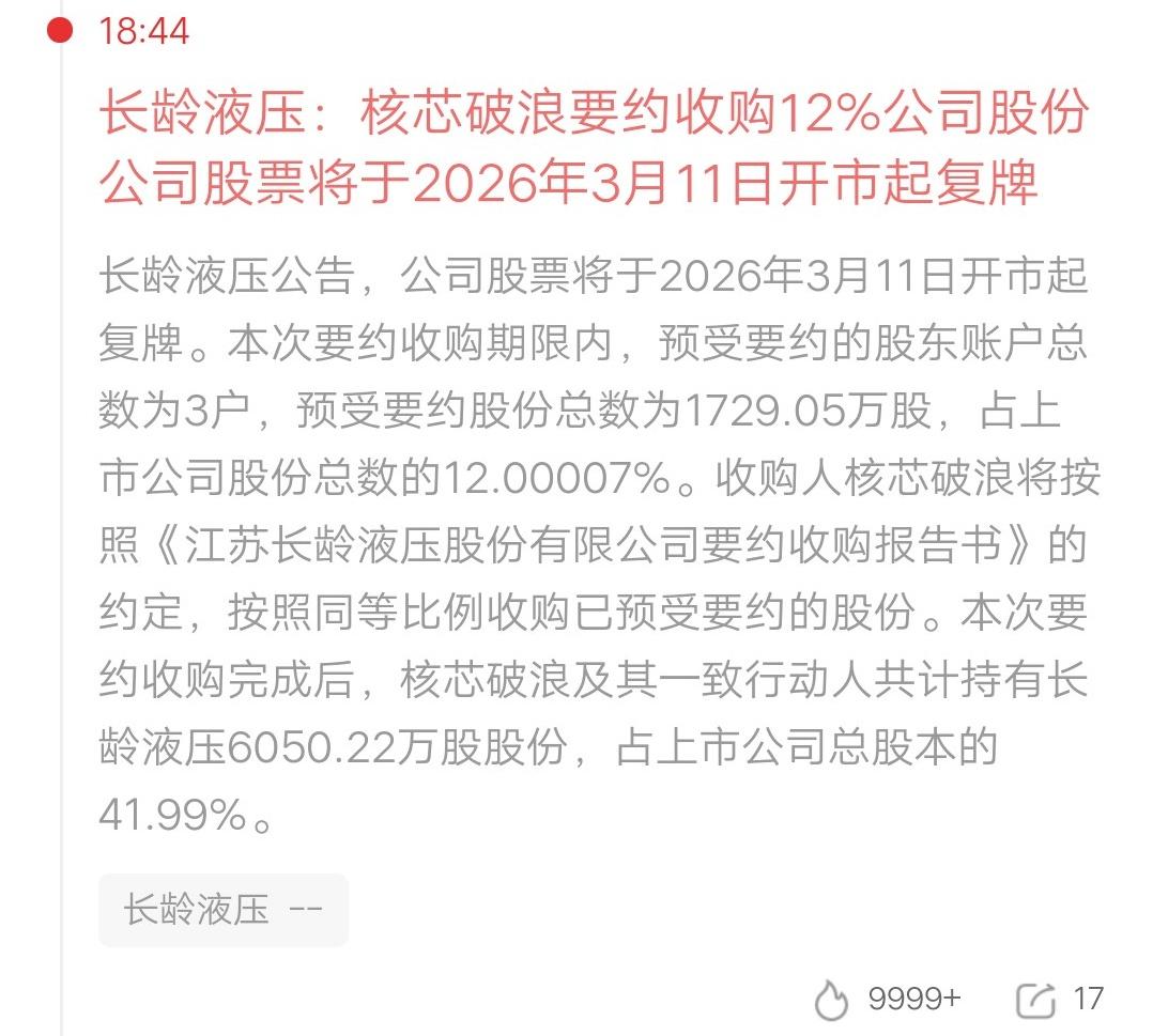 财运来了挡都挡不住呀，7929户股东可能要吃大肉了。长龄液压：核芯破浪要约收购1