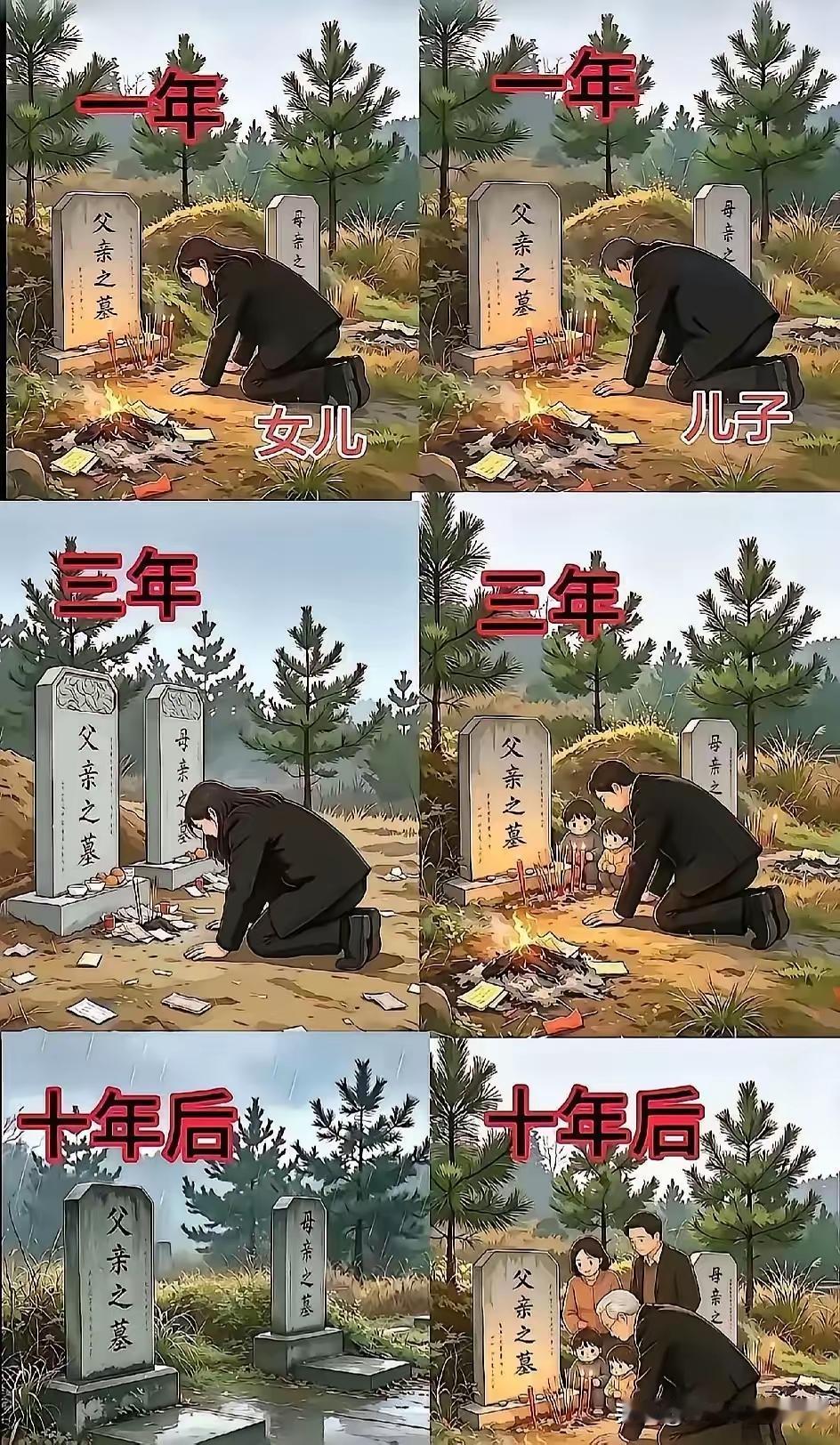 生女儿和儿子的区别，大概就是十年以后儿子会带着全家给你扫墓。而女儿嫁远了，回不来