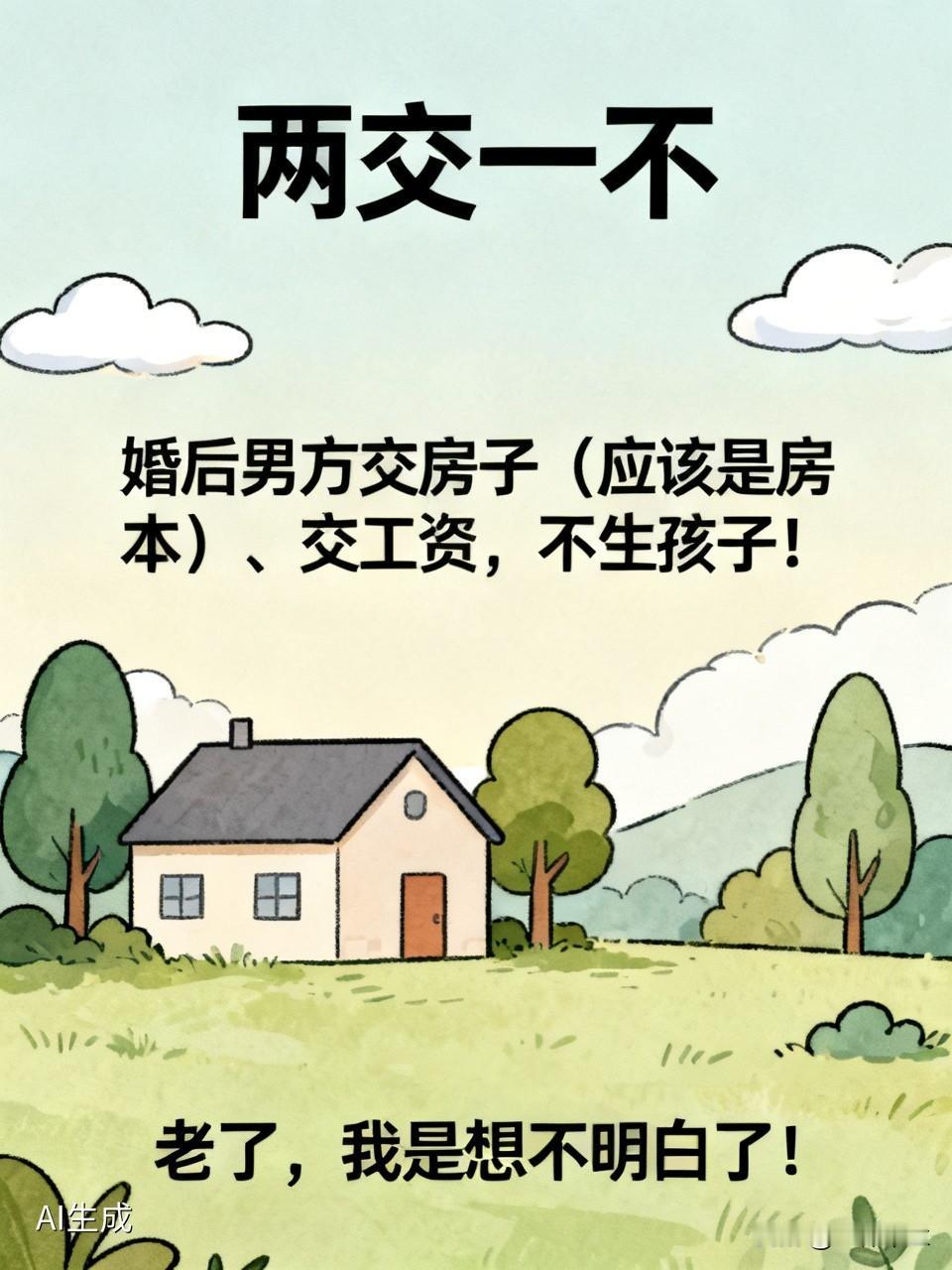 据说，现在有些待嫁的女孩子，除了彩礼什么的不能免之外，还有“两交一不”的说法。