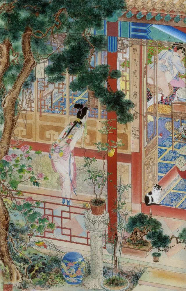 胡也佛《金瓶梅秘戏图》勾勒精细，妩媚而清雅！《金瓶梅秘戏图》是胡也佛人物画的巅峰