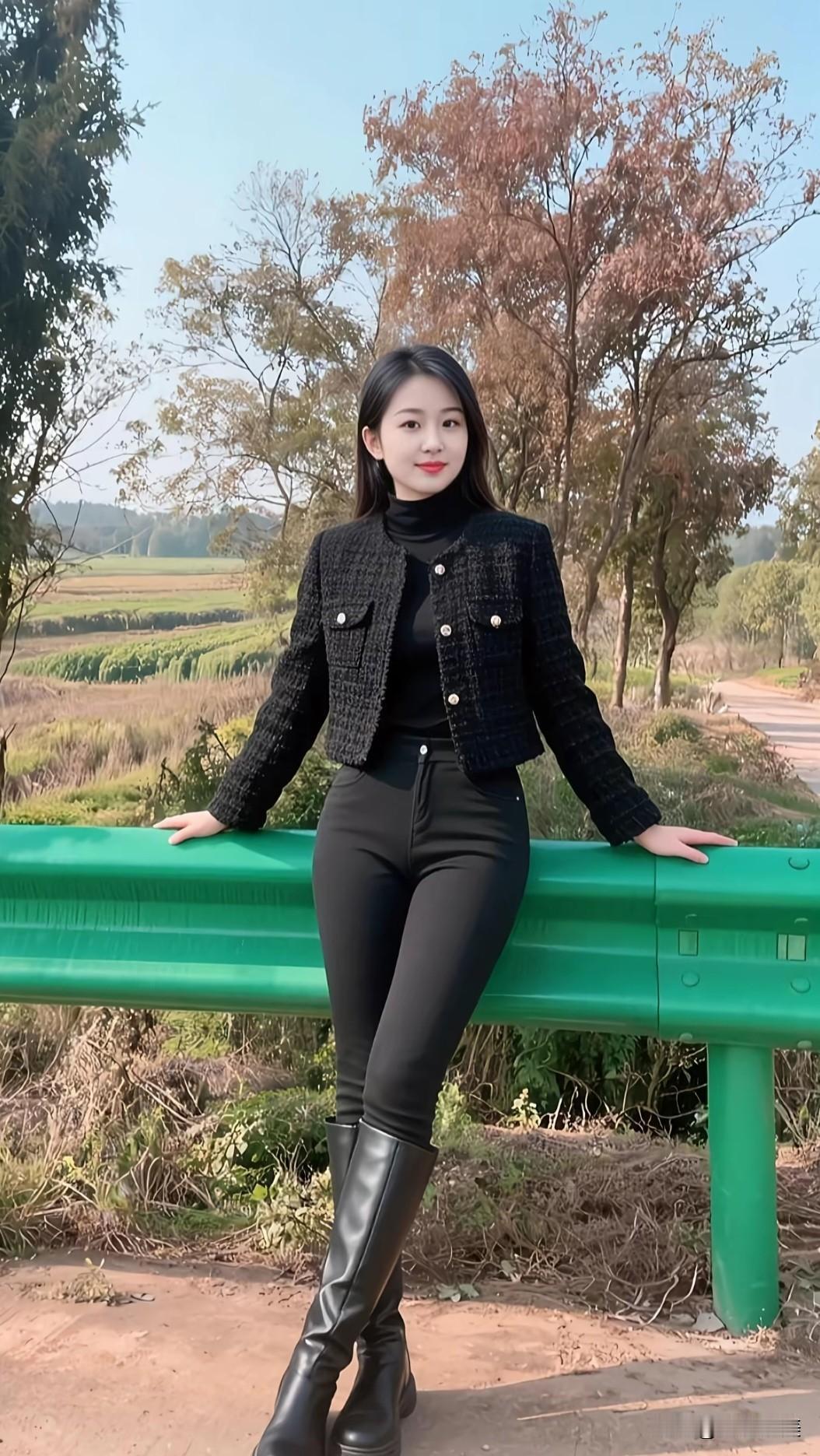 乡间的风带着温柔，一身黑色穿搭邂逅田园风光，随手一拍都是惬意的生活呀✨