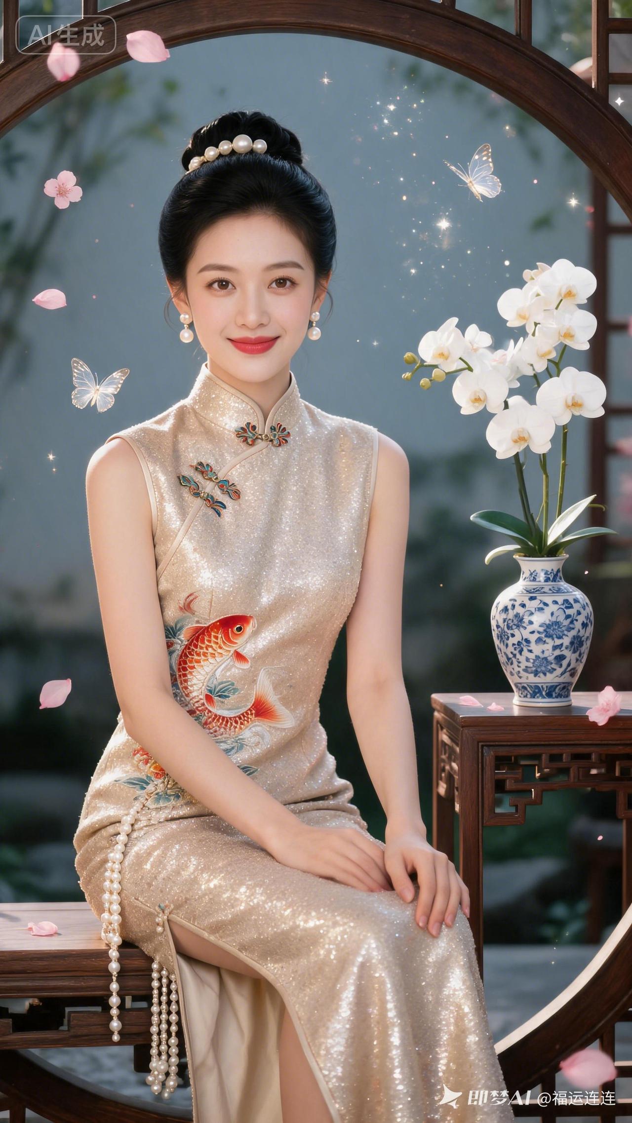 穿旗袍的姑娘坐在窗边好开心。