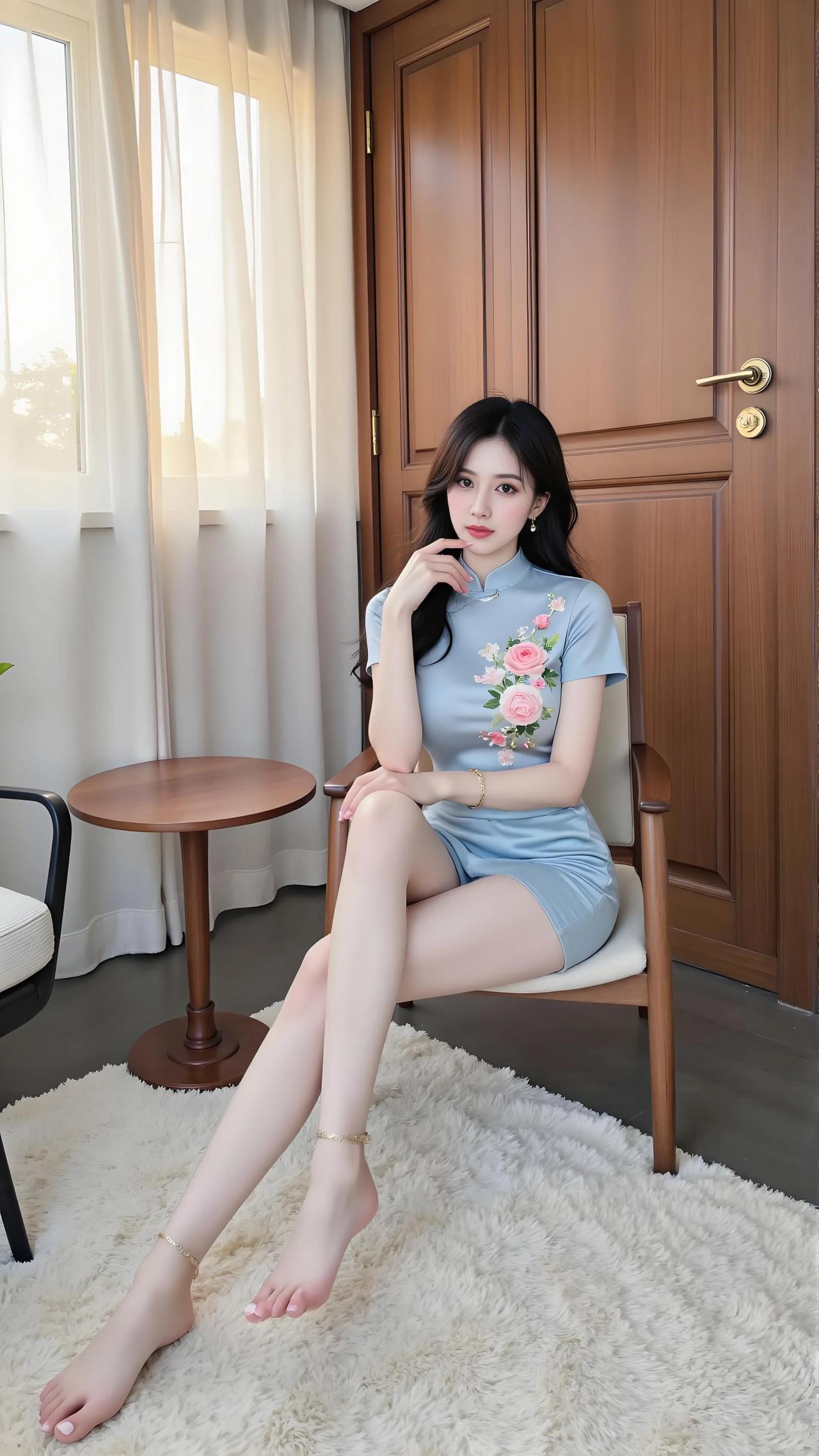 浅蓝旗袍缀粉花，雅室柔光衬娇娥。风姿绰约融于景，一颦一笑尽是东方韵。淡雅蓝裙照