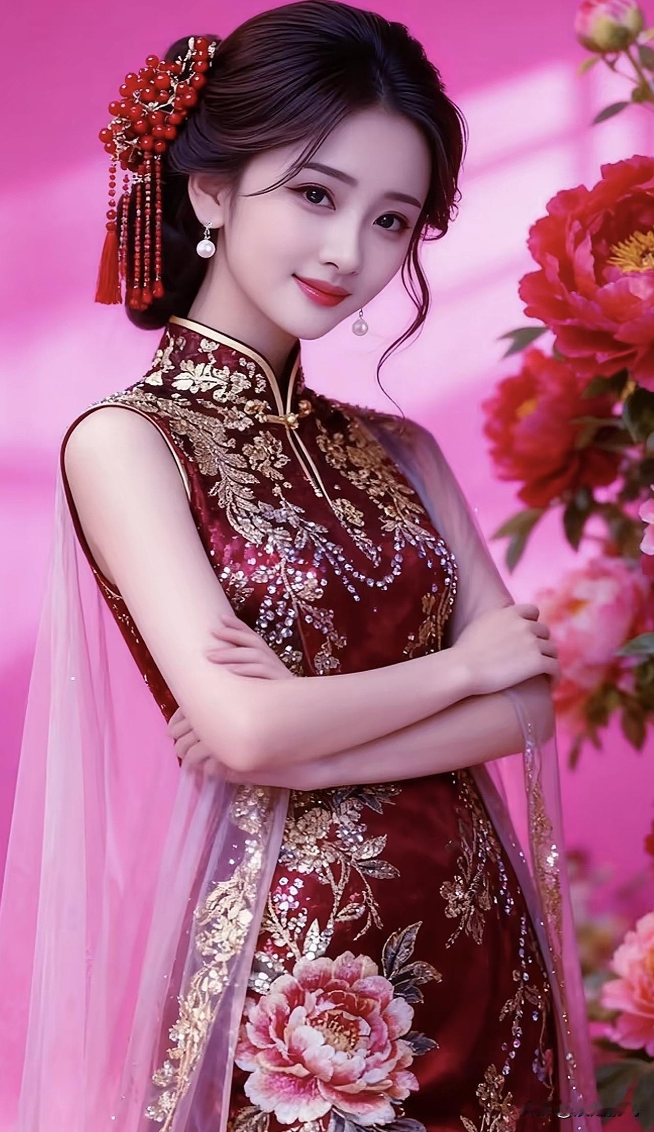 优雅旗袍美人，花海中的古典韵味美女旗袍照旗袍街景照旗袍烟雨景旗袍街景照旗