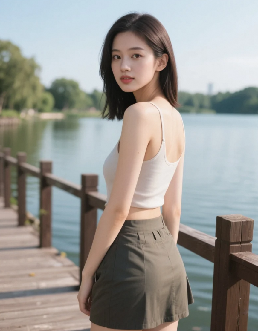 湖畔上的亚洲美女，温柔目光打动人心