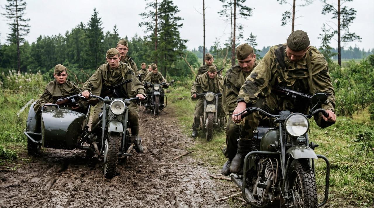 1942年，苏联境内勒热夫突出部周边，苏军摩托化部队士兵正在行进中！这些军用