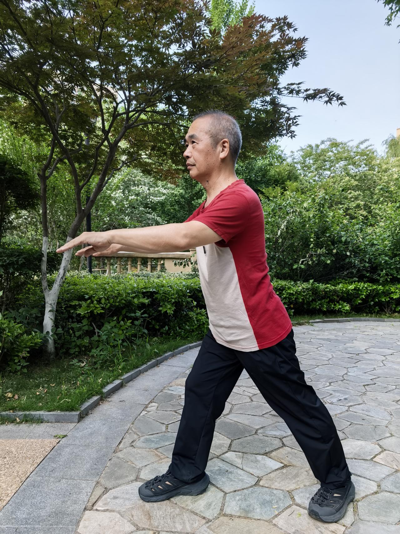 公园里，老张打了二十年拳，还是胳膊归胳膊、腿归腿。我让他摸着我后腰命门，轻轻