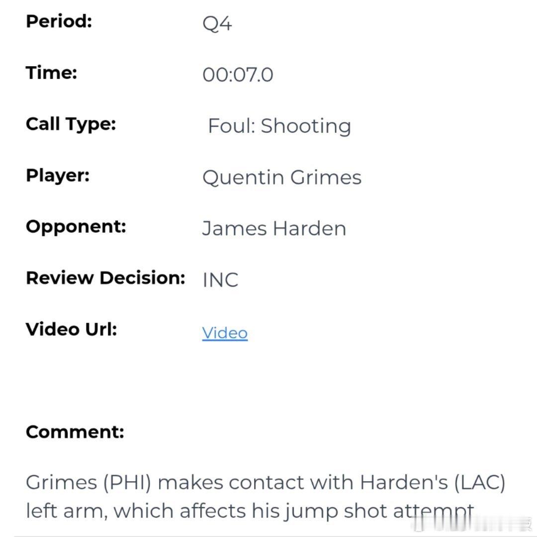快船vs费城的官方裁判报告中，确认漏判了格莱姆斯对哈登的三分打手犯规⚠️“比赛最