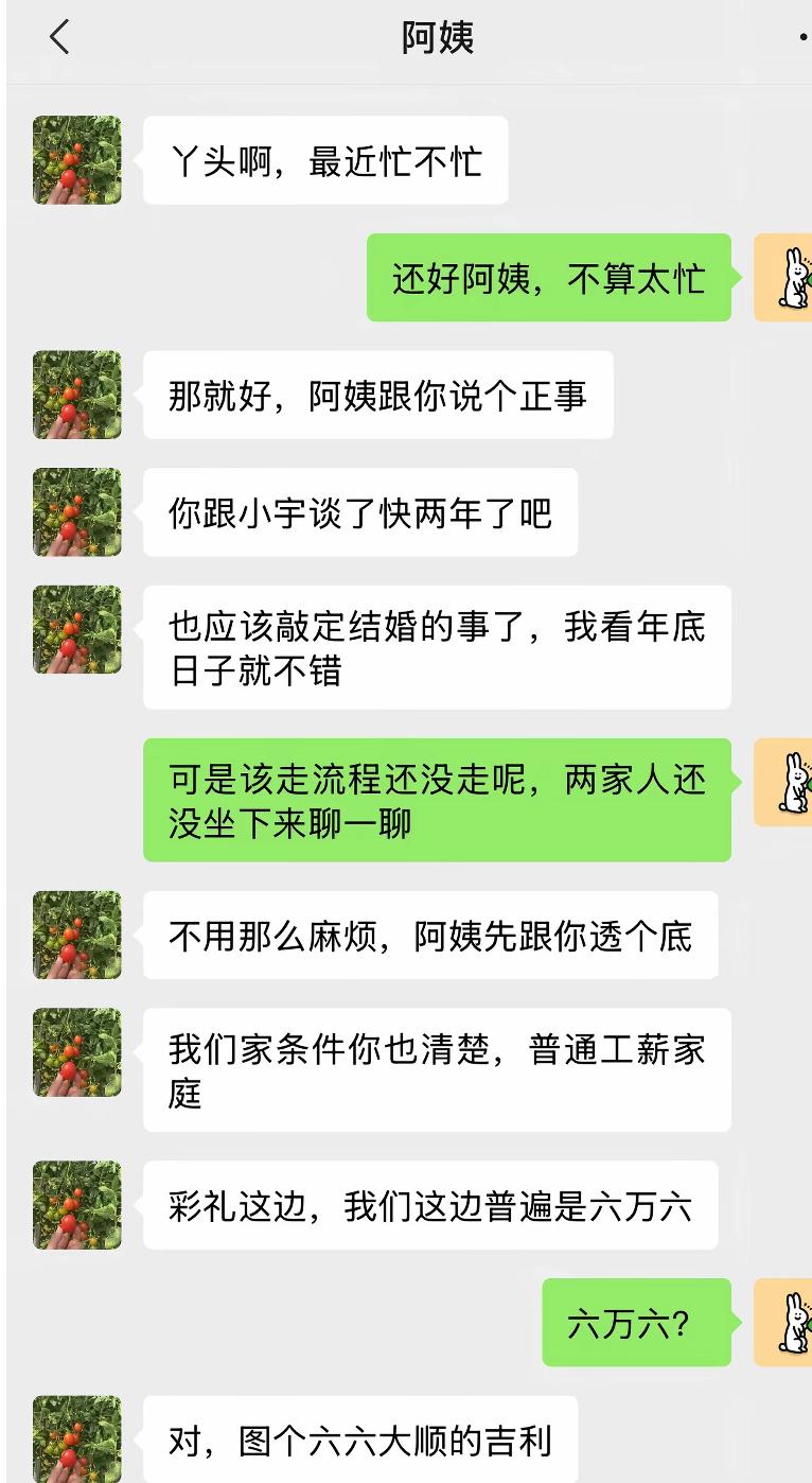 阿姨上来就催年底结婚，开口锁定六万六彩礼，主打一个图吉利。姑娘解释家里要求十万