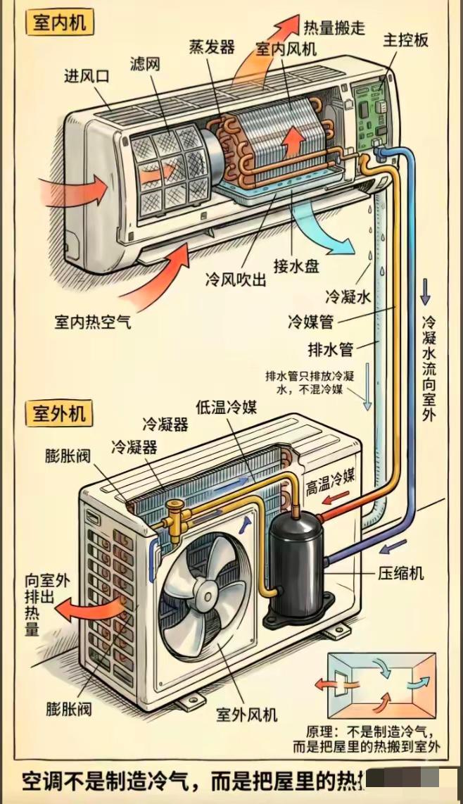 知识普及：夏天空调制冷小科普很多人误以为空调能制造冷气，实际上壁挂空调只是