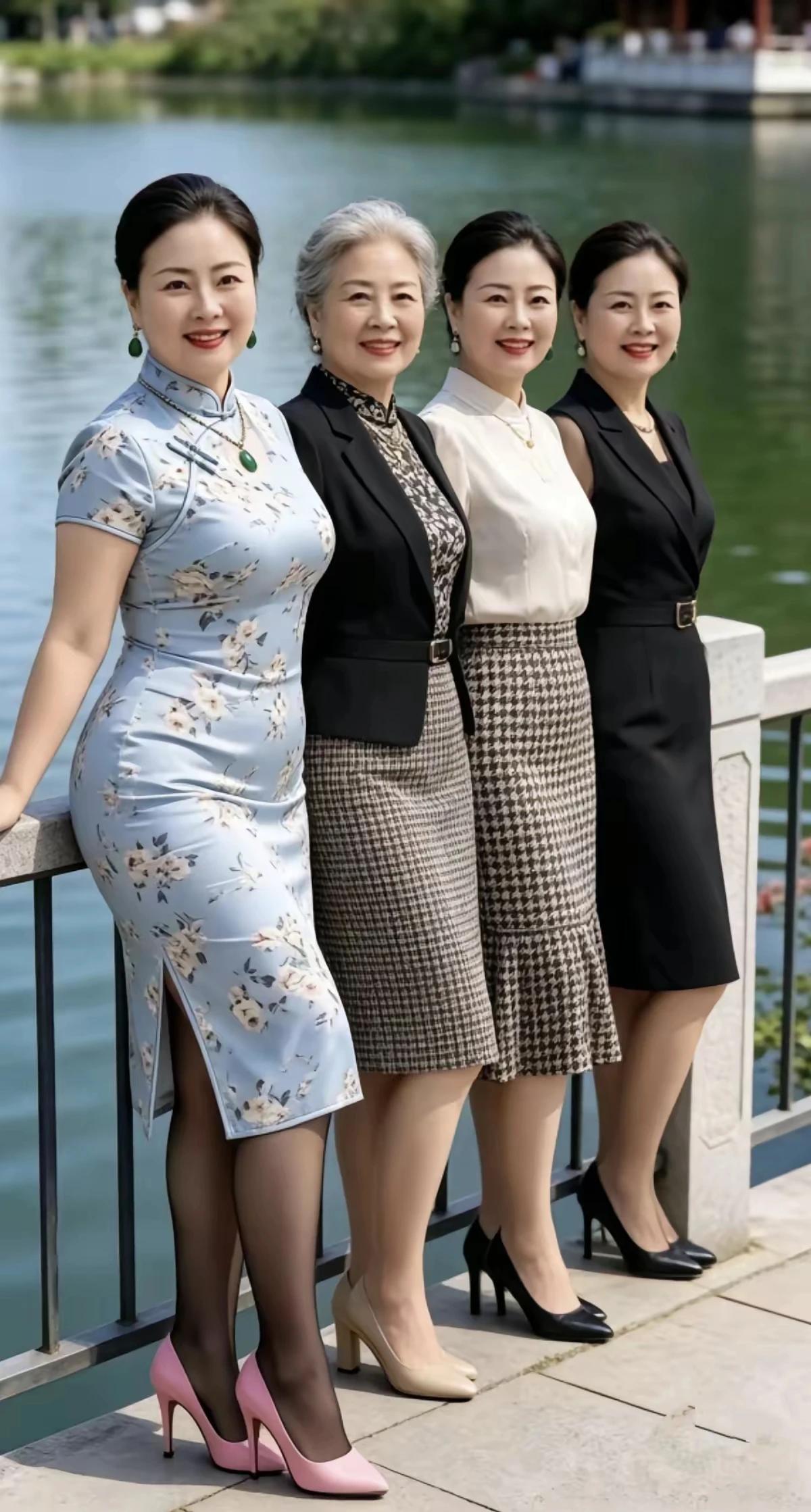 四人同框来拍照，满面春风带微笑。她们究竟啥关系，同窗好友关系好。