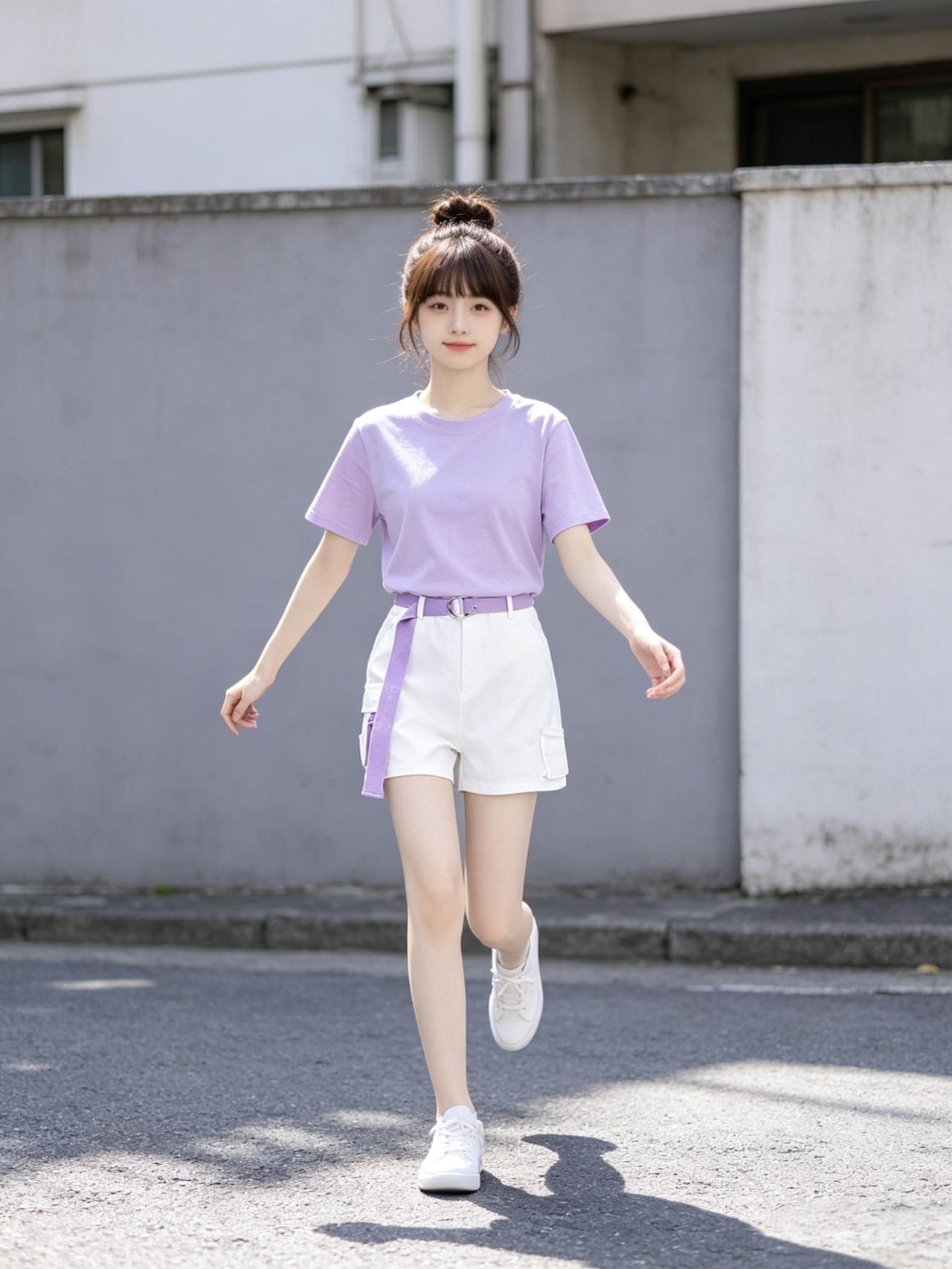 夏日清新穿搭，紫色T恤+白色短裤，元气满满！🌞👗👟看看气质女神的穿着搭配吧