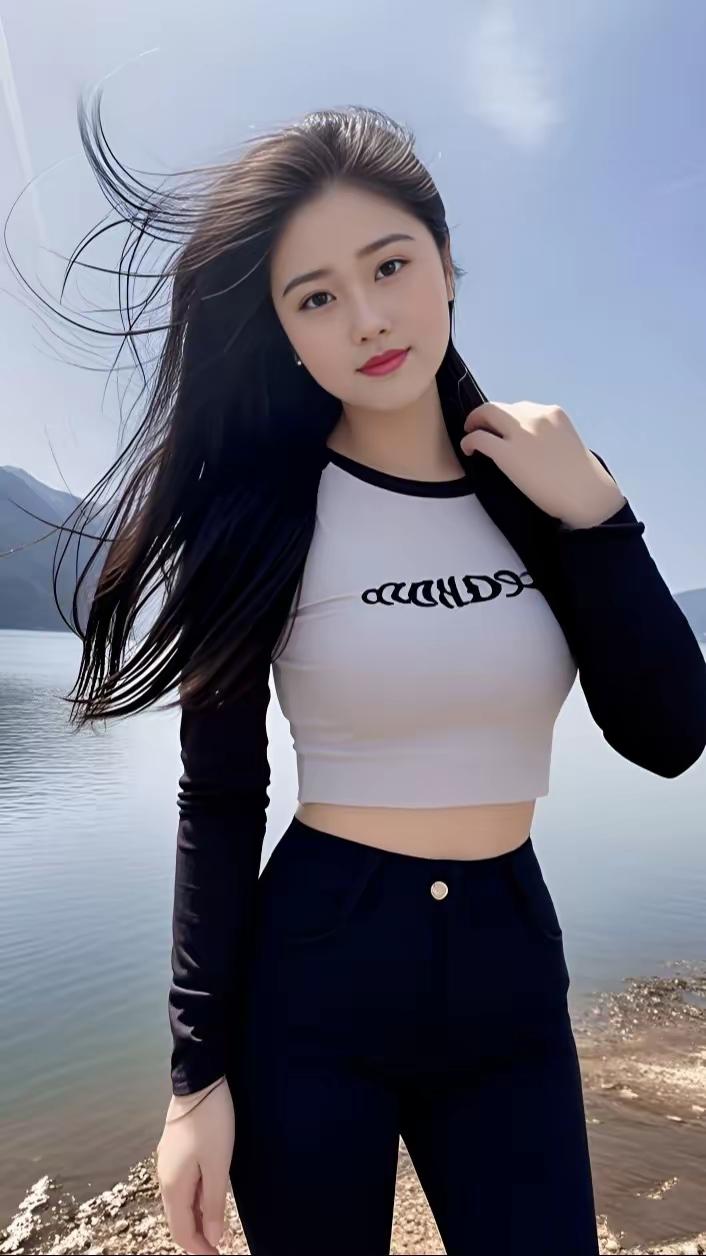 阳光下的海边自拍，黑发飘逸，清新自然