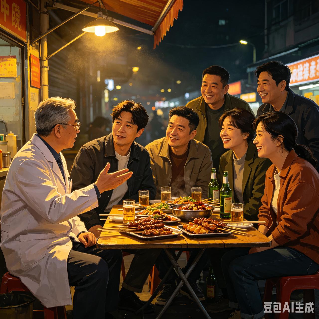 昨天晚上，中医院的金医生请我和强哥吃大排档。原以为就我们仨，到了才发现还有五个陌