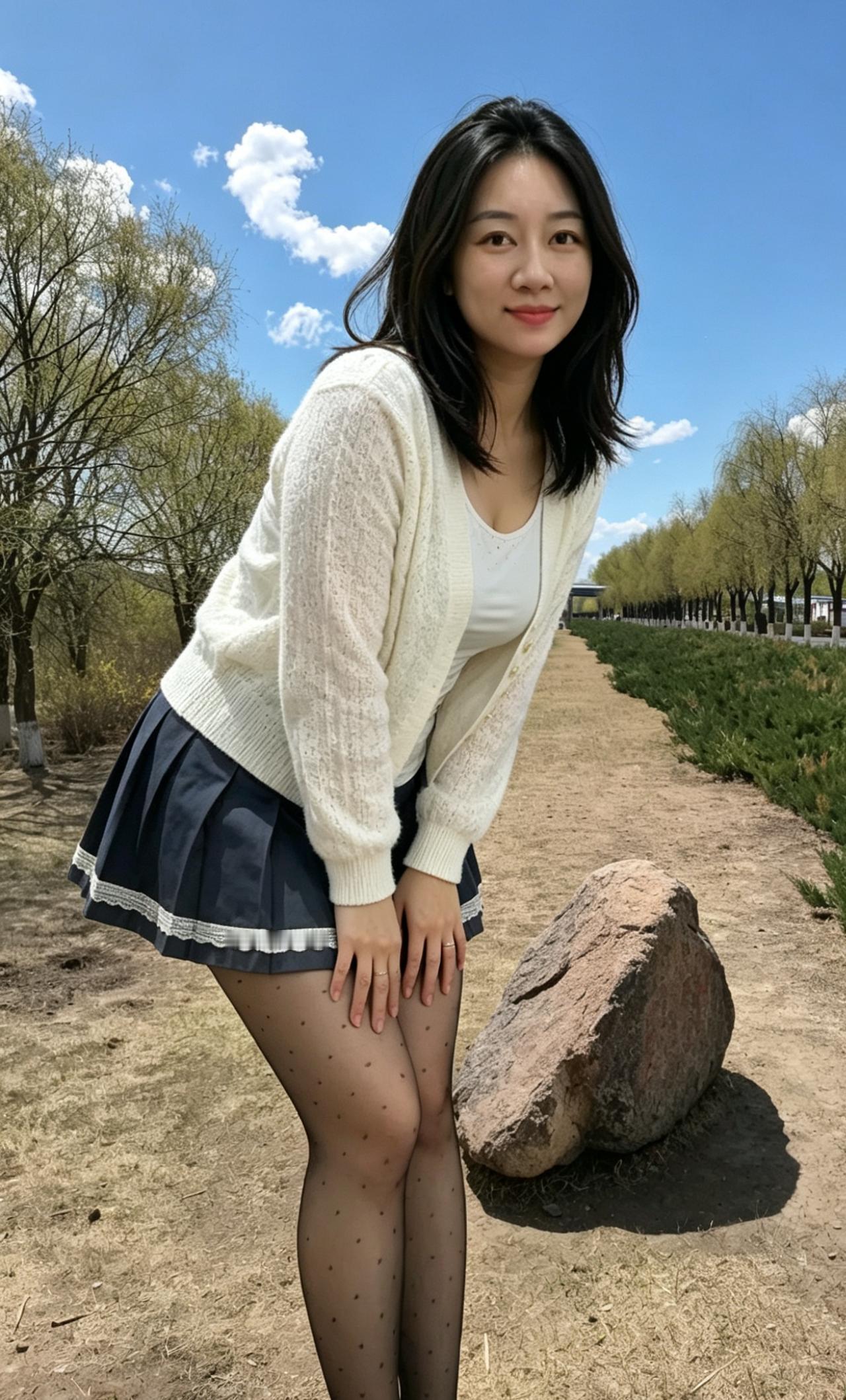 白衫轻软衬春姿，裙角蕾丝缀浅丝。浅笑嫣然眸似水，一身清润似晴时。