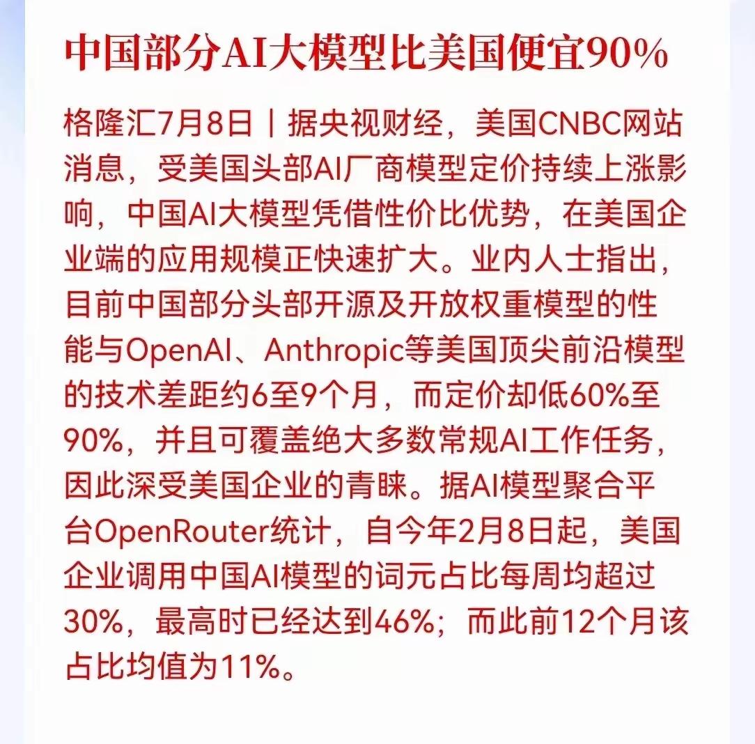 中国部分AI大模型与美国的便宜90%，现在中国的AI大模型在全球范围使用率远高于